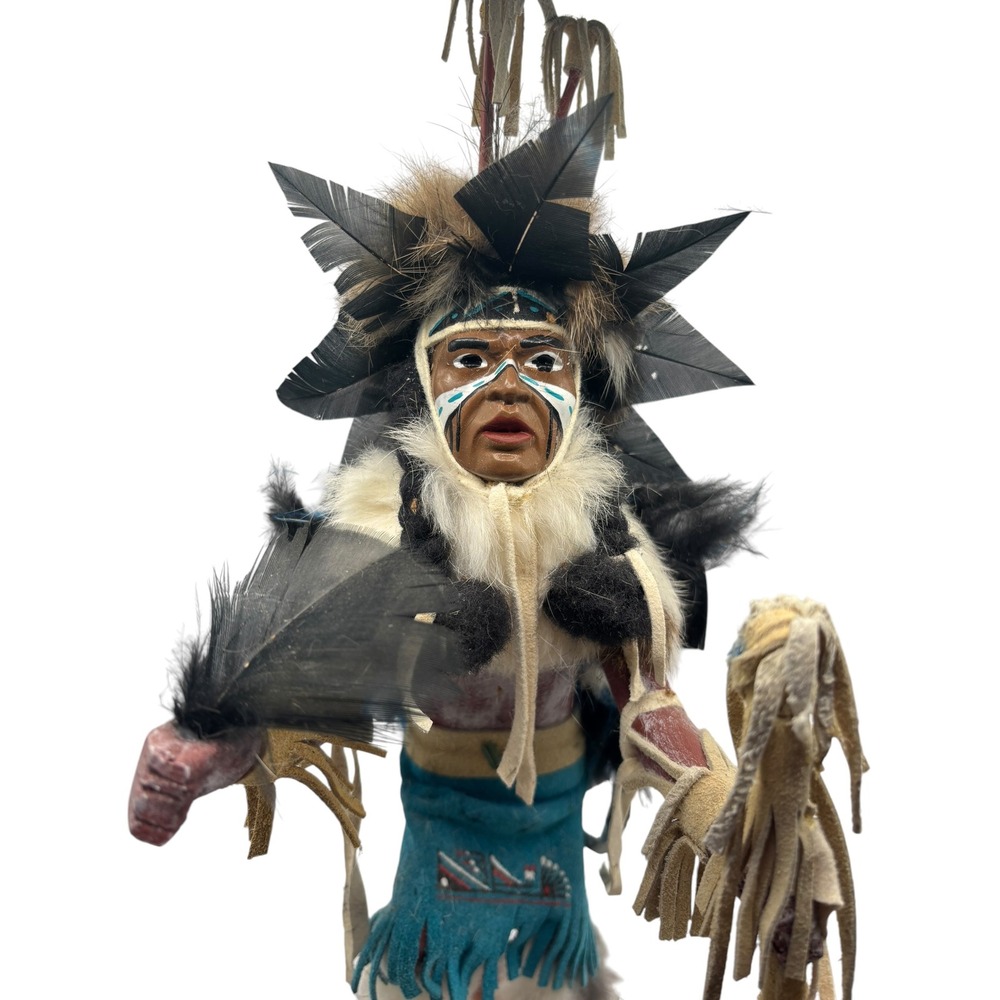 Vintage Signed Randy Native American Kachina Doll 1989 Feather Fur Wood Base